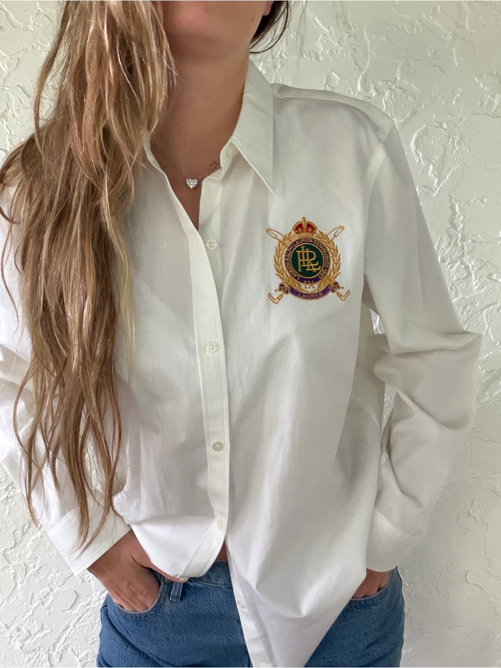 Lauren Ralph Lauren White Button-Down Shirt with Gold & Green Embroidered Crest